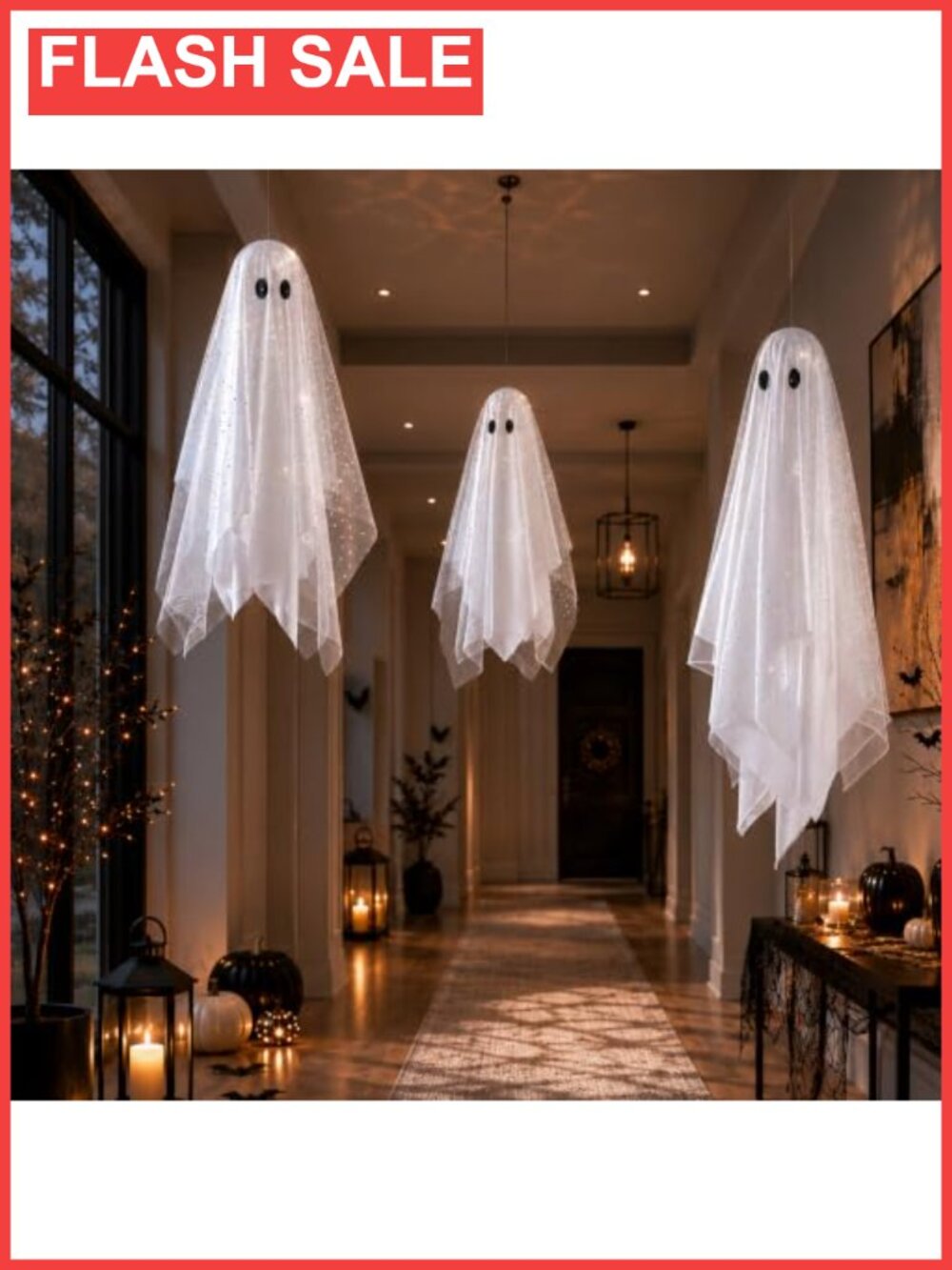 3pc Hanging Ghost Decor Set with Remote Timer String Lights - Picture 4 of 6